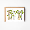 Load image into Gallery viewer, A white greeting card featuring an illustration of birch trees with green leaves, shown with a brown kraft envelope on a light gray background.