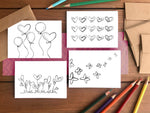 Color Your Own Notecards, Hearts Edition - Assorted Set of 8 Coloring Cards