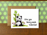 A Valentine's Day note card with an illustration of a panda and the message "I like you beary much, Valentine!"