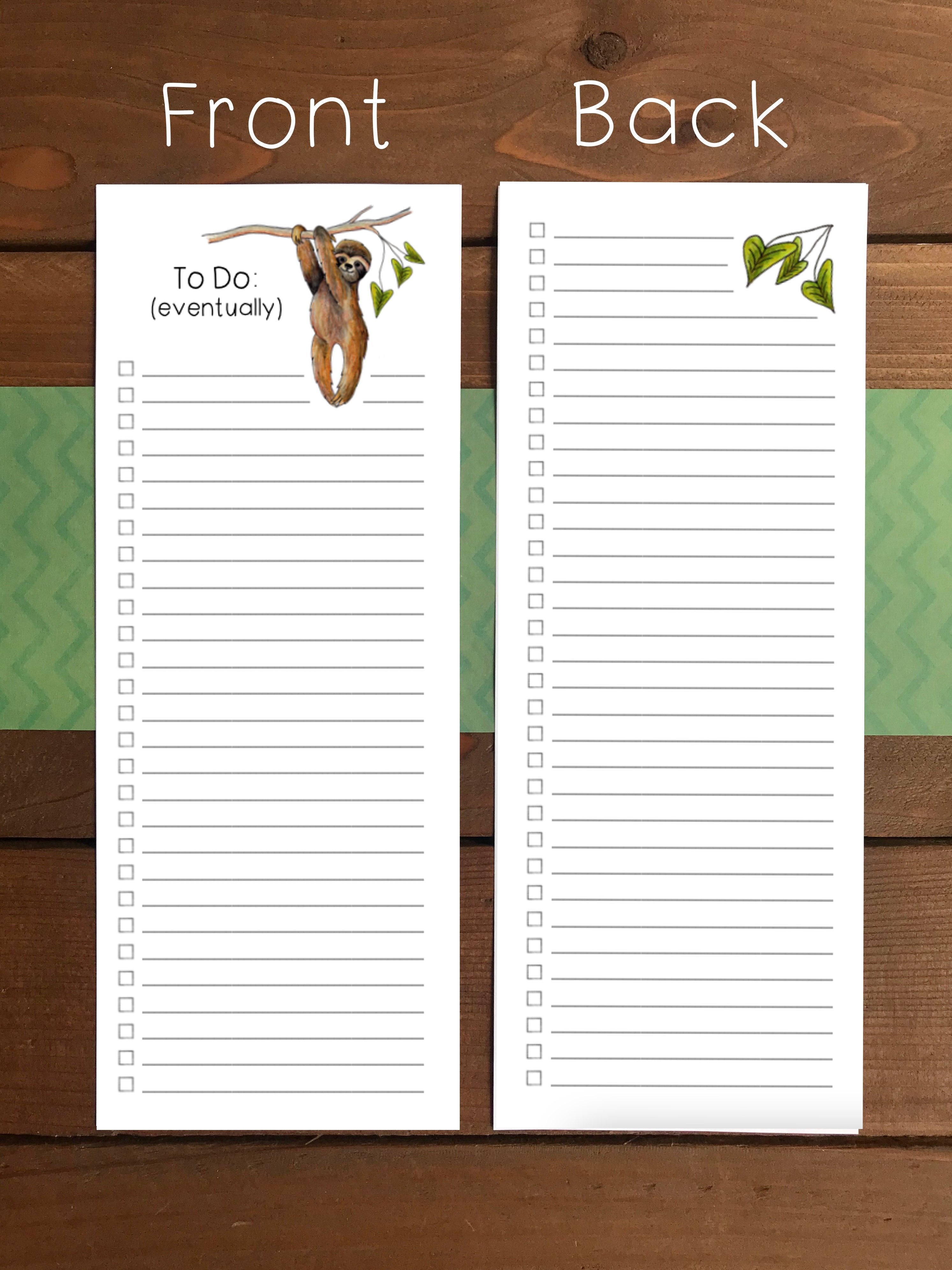 Sloth To Do List Notepad - Magnetic | Double Sided Sheets | Personalization Available