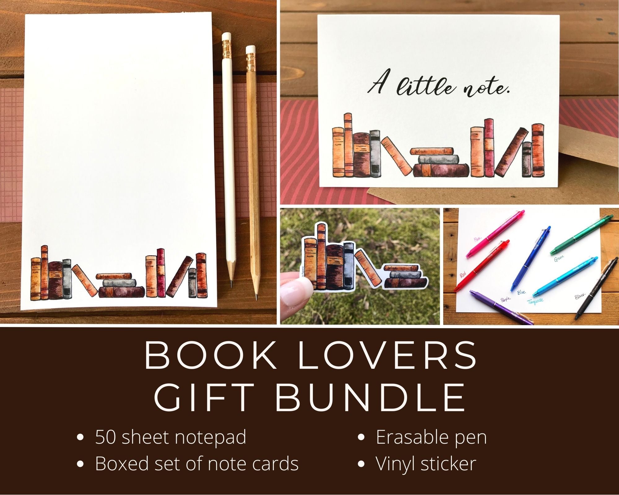 Book Lovers Gift Bundle Stationery Set with Notepad, Notecards, Sticker and Erasable pen