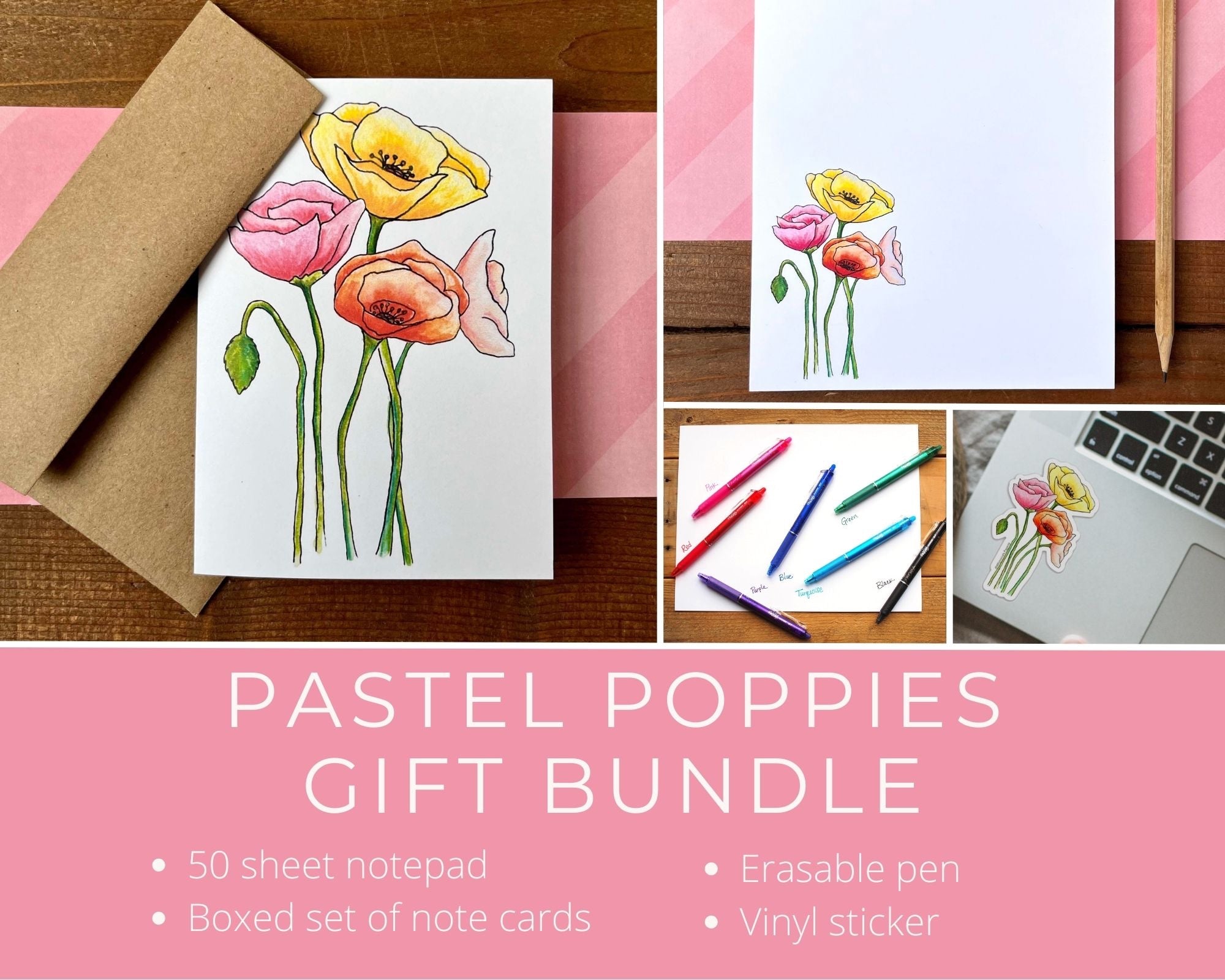 Pastel Poppies Stationery Set Gift Bundle